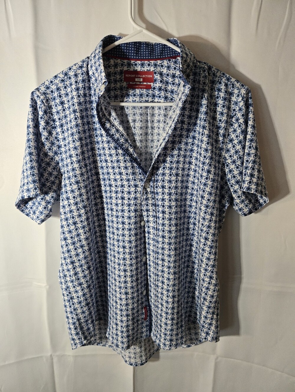 Report Collection Blue & White Short Sleeve Patterned Button-Down Shirt